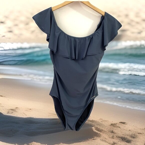 MICHAEL KORS Women’s Ruffle Neck One Piece Swimsuit Size 12 Pewter Ruched Resort - Picture 1 of 10